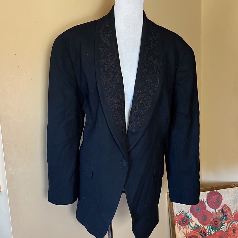 Vtg JONES NY Size 18W Embroidered Lapel Wool Blazer Black-Tie USA made  $239 NEW
